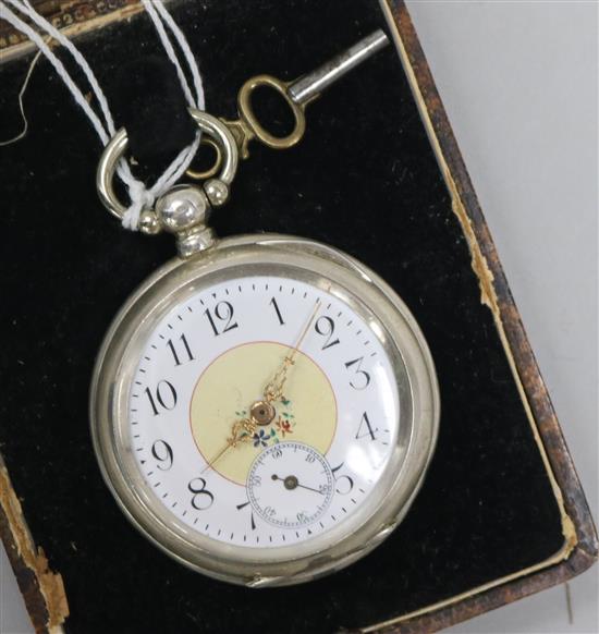 A cased late 19th/early 20th century continental 800 standard silver keywind pocket watch.